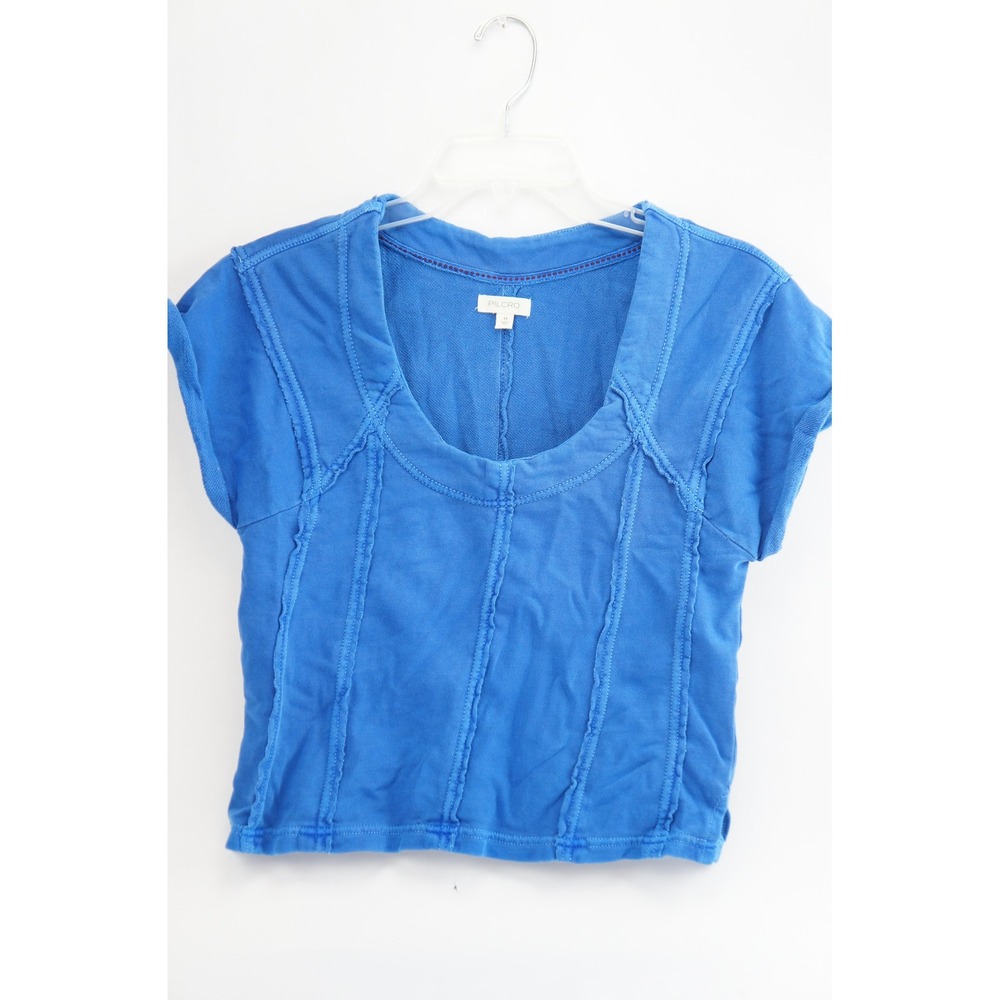 Pilcro Scoop Neck Top Women XS Blue Raw Seam Cropped Short Sleeve Excellent